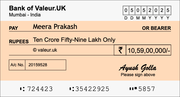 How to write a cheque for 10.59 crore rupees