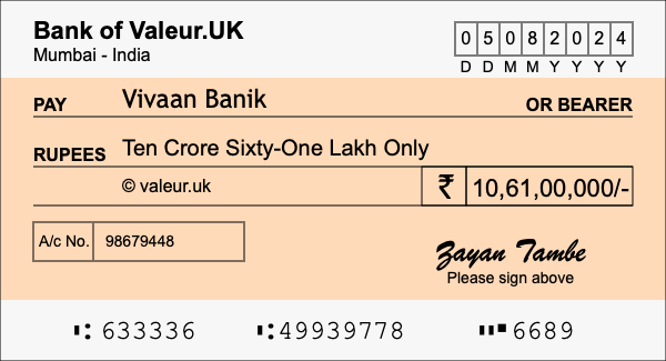 How to write a cheque for 10.61 crore rupees