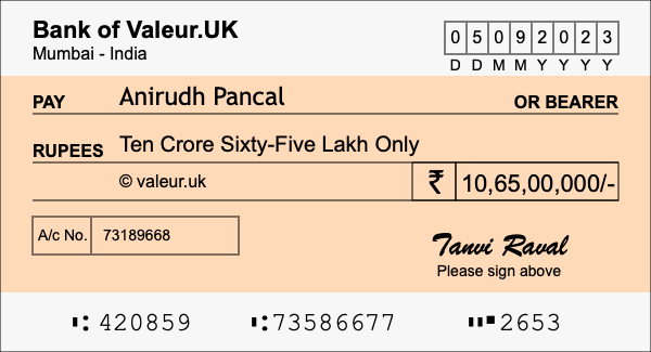 How to write a cheque for 10.65 crore rupees