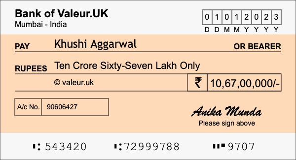 How to write a cheque for 10.67 crore rupees