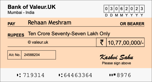 How to write a cheque for 10.77 crore rupees How to write a cheque for 10.77 crore rupees