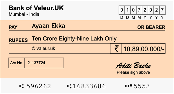 How to write a cheque for 10.89 crore rupees