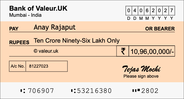 How to write a cheque for 10.96 crore rupees