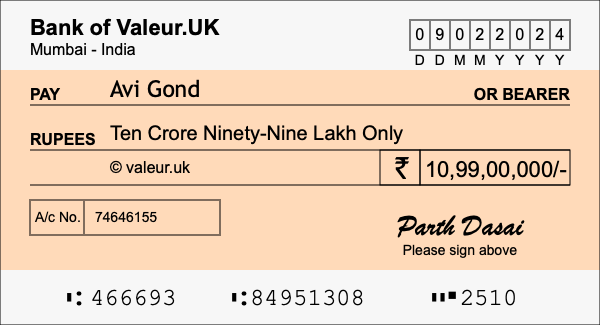 How to write a cheque for 10.99 crore rupees