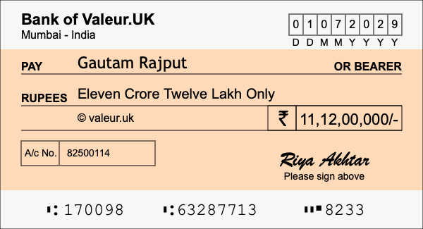 How to write a cheque for 11.12 crore rupees How to write a cheque for 11.12 crore rupees