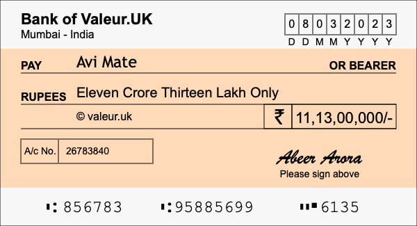 How to write a cheque for 11.13 crore rupees How to write a cheque for 11.13 crore rupees