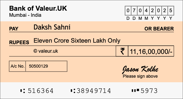 How to write a cheque for 11.16 crore rupees How to write a cheque for 11.16 crore rupees
