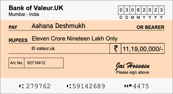 How to write a cheque for 11.19 crore rupees How to write a cheque for 11.19 crore rupees