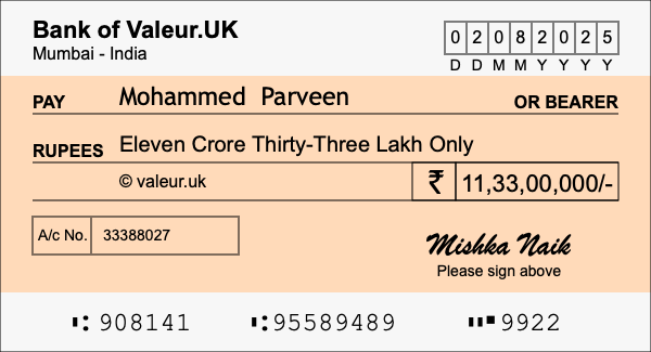 How to write a cheque for 11.33 crore rupees How to write a cheque for 11.33 crore rupees
