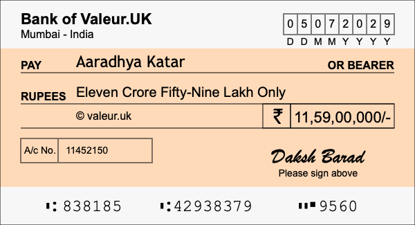 How to write a cheque for 11.59 crore rupees How to write a cheque for 11.59 crore rupees