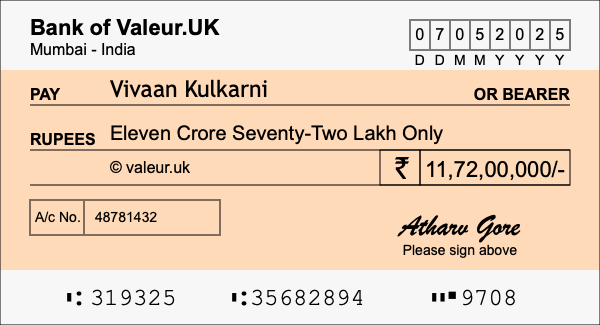 How to write a cheque for 11.72 crore rupees