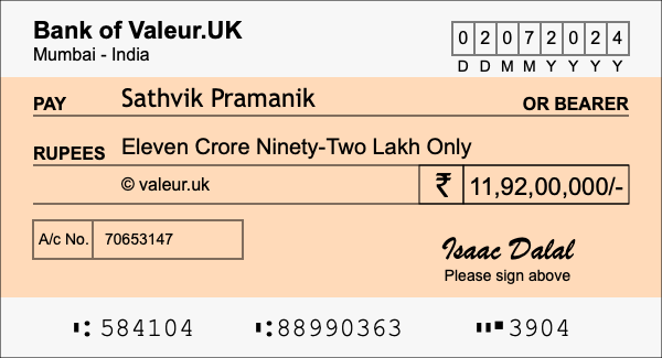 How to write a cheque for 11.92 crore rupees