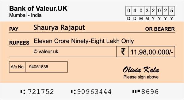 How to write a cheque for 11.98 crore rupees