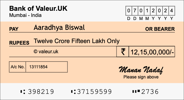 How to write a cheque for 12.15 crore rupees
