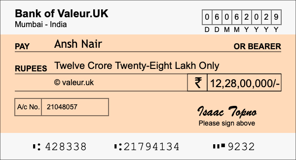 How to write a cheque for 12.28 crore rupees How to write a cheque for 12.28 crore rupees