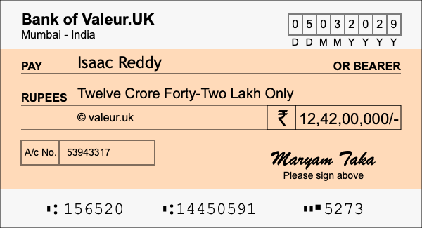How to write a cheque for 12.42 crore rupees