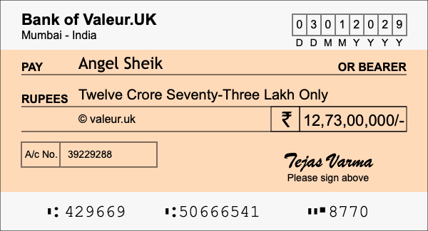 How to write a cheque for 12.73 crore rupees How to write a cheque for 12.73 crore rupees