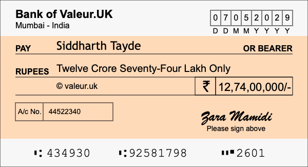 How to write a cheque for 12.74 crore rupees How to write a cheque for 12.74 crore rupees