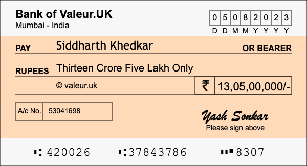 How to write a cheque for 13.05 crore rupees How to write a cheque for 13.05 crore rupees