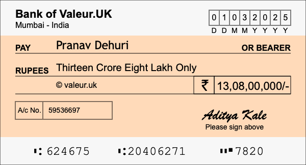 How to write a cheque for 13.08 crore rupees How to write a cheque for 13.08 crore rupees