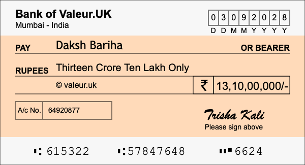 How to write a cheque for 13.1 crore rupees How to write a cheque for 13.1 crore rupees