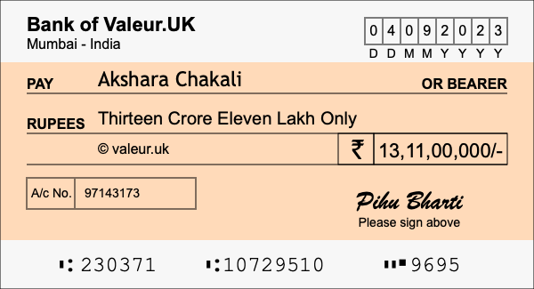 How to write a cheque for 13.11 crore rupees How to write a cheque for 13.11 crore rupees