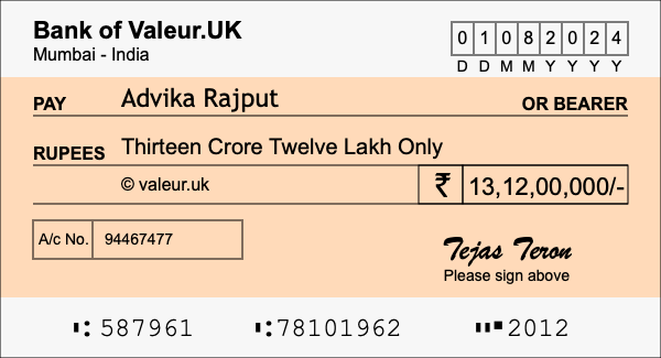 How to write a cheque for 13.12 crore rupees How to write a cheque for 13.12 crore rupees