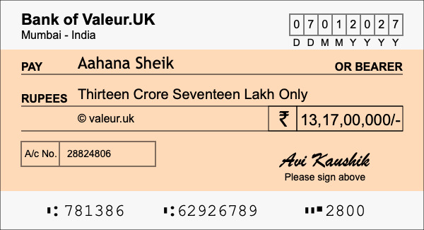 How to write a cheque for 13.17 crore rupees How to write a cheque for 13.17 crore rupees