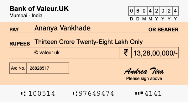How to write a cheque for 13.28 crore rupees How to write a cheque for 13.28 crore rupees