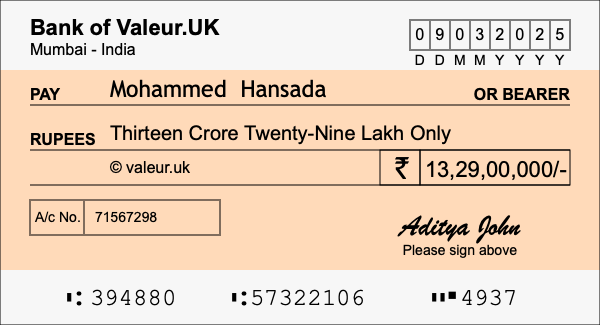 How to write a cheque for 13.29 crore rupees How to write a cheque for 13.29 crore rupees