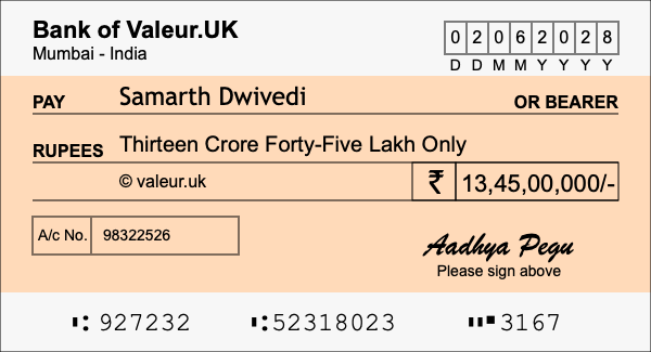 How to write a cheque for 13.45 crore rupees