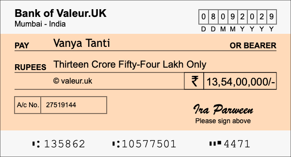 How to write a cheque for 13.54 crore rupees