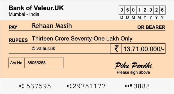 How to write a cheque for 13.71 crore rupees