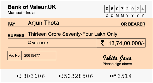 How to write a cheque for 13.74 crore rupees