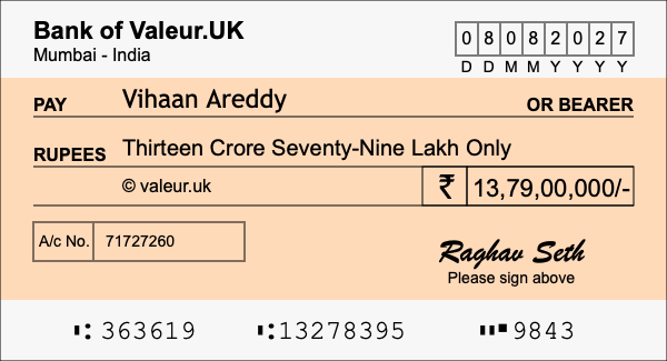 How to write a cheque for 13.79 crore rupees