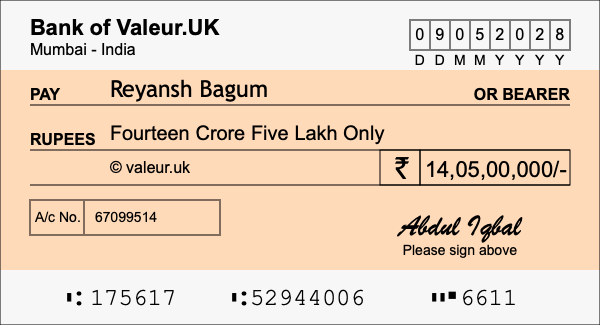 How to write a cheque for 14.05 crore rupees How to write a cheque for 14.05 crore rupees
