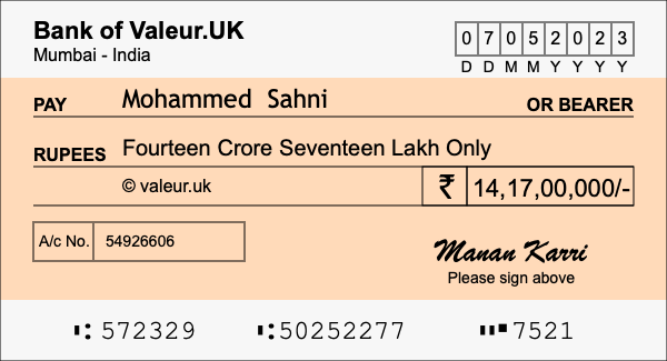 How to write a cheque for 14.17 crore rupees How to write a cheque for 14.17 crore rupees