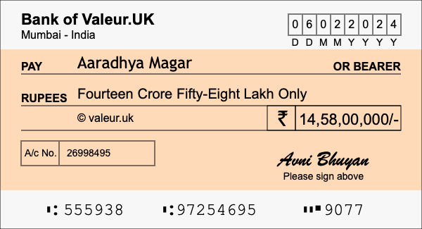 How to write a cheque for 14.58 crore rupees