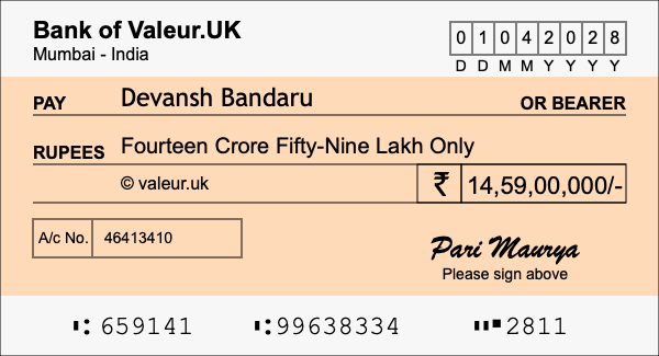 How to write a cheque for 14.59 crore rupees How to write a cheque for 14.59 crore rupees