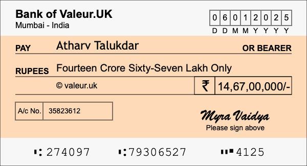 How to write a cheque for 14.67 crore rupees How to write a cheque for 14.67 crore rupees