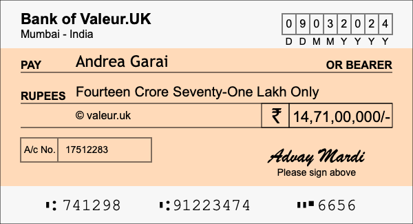 How to write a cheque for 14.71 crore rupees How to write a cheque for 14.71 crore rupees