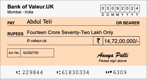 How to write a cheque for 14.72 crore rupees