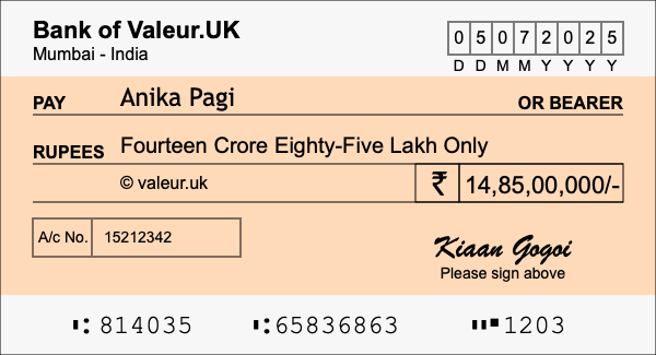 How to write a cheque for 14.85 crore rupees
