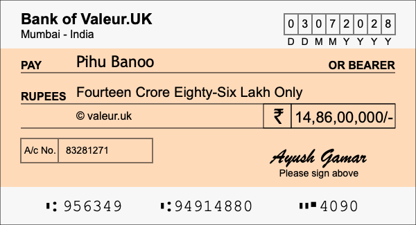 How to write a cheque for 14.86 crore rupees