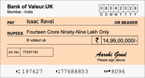 How to write a cheque for 14.99 crore rupees