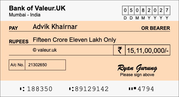 How to write a cheque for 15.11 crore rupees