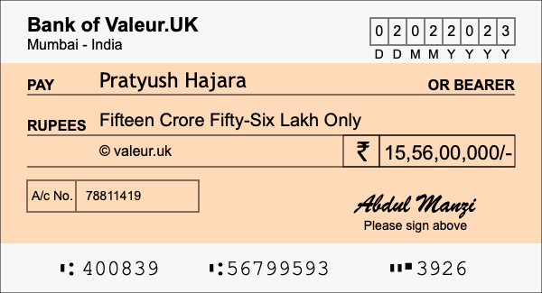 How to write a cheque for 15.56 crore rupees How to write a cheque for 15.56 crore rupees