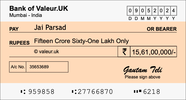 How to write a cheque for 15.61 crore rupees How to write a cheque for 15.61 crore rupees