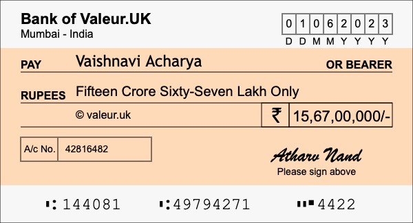 How to write a cheque for 15.67 crore rupees How to write a cheque for 15.67 crore rupees