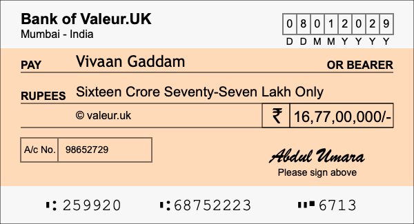 How to write a cheque for 16.77 crore rupees